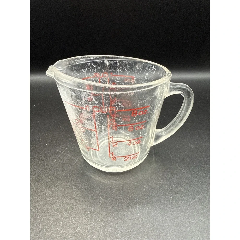 Vintage Fire King 1 Cup Measuring Cup #496 Red Letter Cloudy Glass Scratches